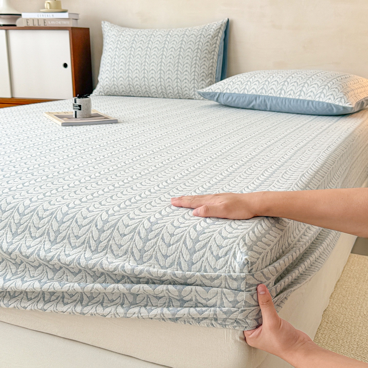 91家纺网 家纺一手货源 找家纺 眠博士 2025新款全棉纯棉三层纱床笠单品床笠床笠单件 三层纱床笠-荞麦蓝