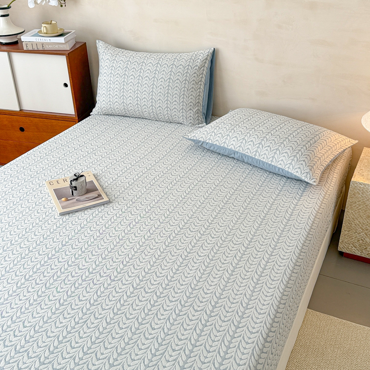 91家纺网 家纺一手货源 找家纺 眠博士 2025新款全棉纯棉三层纱床笠单品床笠床笠单件 三层纱床笠-荞麦蓝