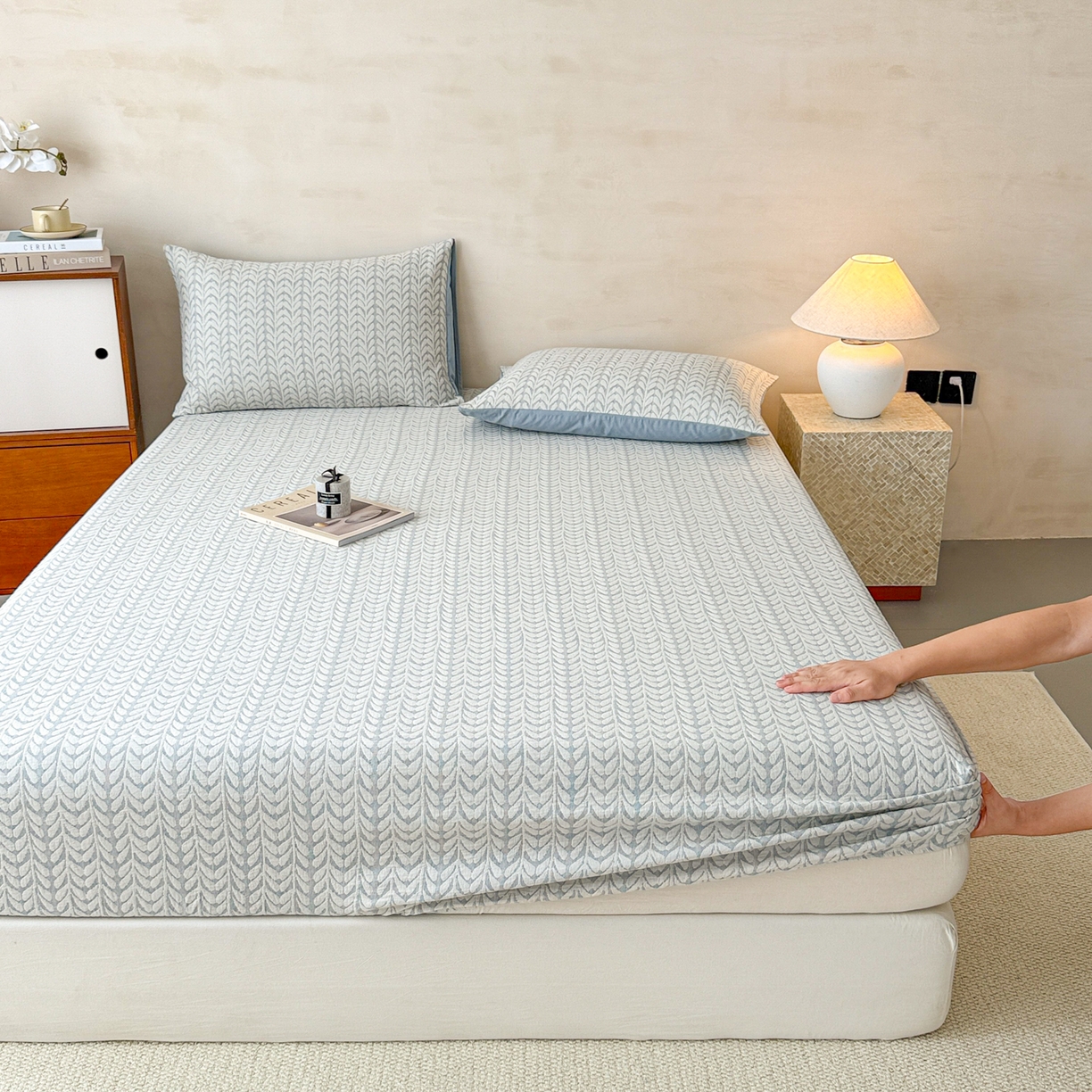 91家纺网 家纺一手货源 找家纺 眠博士 2025新款全棉纯棉三层纱床笠单品床笠床笠单件 三层纱床笠-荞麦蓝