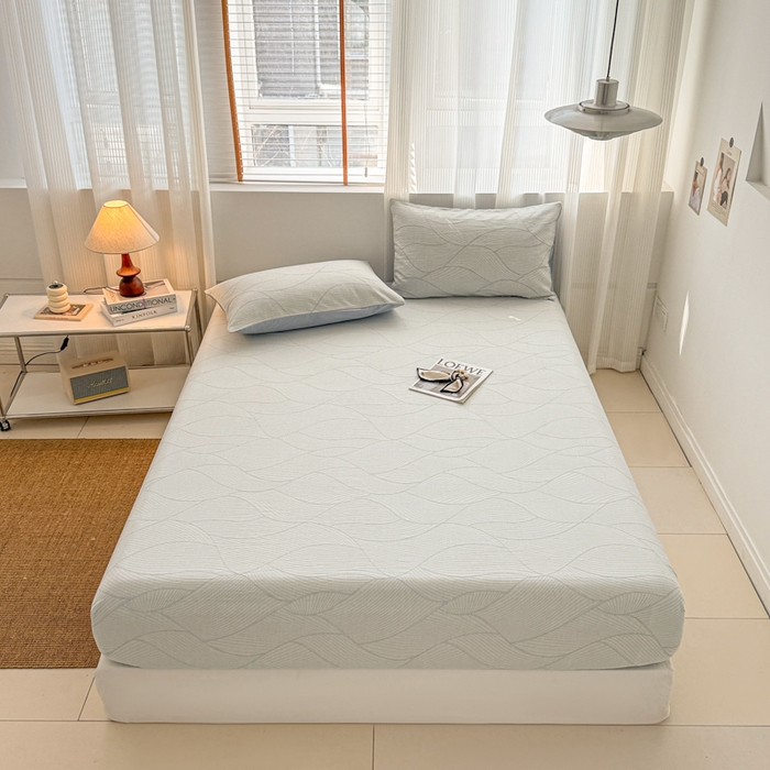 91家纺网 家纺一手货源 找家纺 眠博士 2025新款全棉纯棉三层纱床笠单品床笠床笠单件 三层纱床笠-曲线-蓝