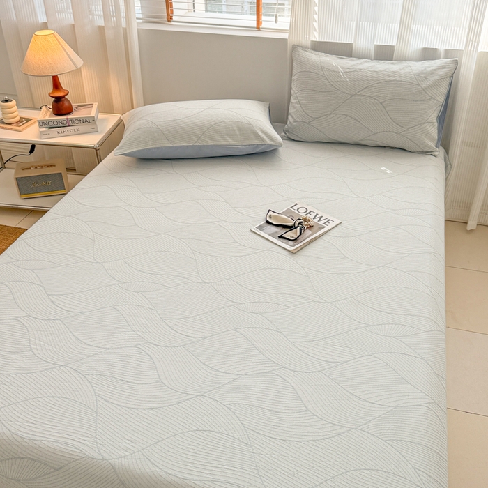 91家纺网 家纺一手货源 找家纺 眠博士 2025新款全棉纯棉三层纱床笠单品床笠床笠单件 三层纱床笠-曲线-蓝