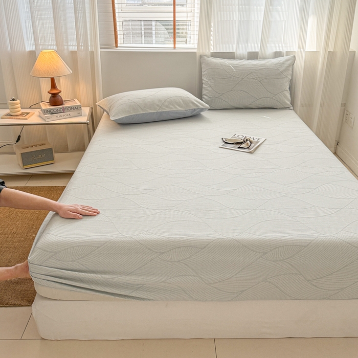 91家纺网 家纺一手货源 找家纺 眠博士 2025新款全棉纯棉三层纱床笠单品床笠床笠单件 三层纱床笠-曲线-蓝