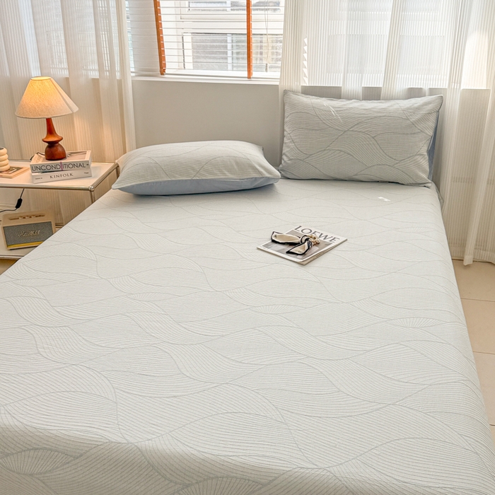 91家纺网 家纺一手货源 找家纺 眠博士 2025新款全棉纯棉三层纱床笠单品床笠床笠单件 三层纱床笠-曲线-蓝