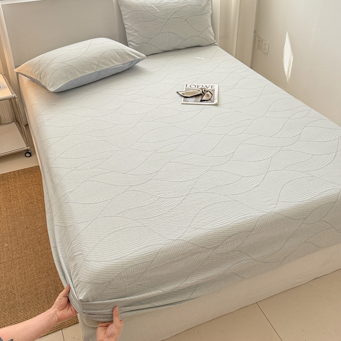 91家纺网 家纺一手货源 找家纺 眠博士 2025新款全棉纯棉三层纱床笠单品床笠床笠单件 三层纱床笠-曲线-蓝