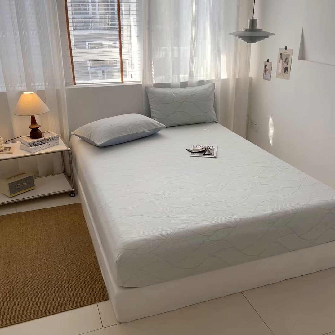 91家纺网 家纺一手货源 找家纺 眠博士 2025新款全棉纯棉三层纱床笠单品床笠床笠单件 三层纱床笠-曲线-蓝