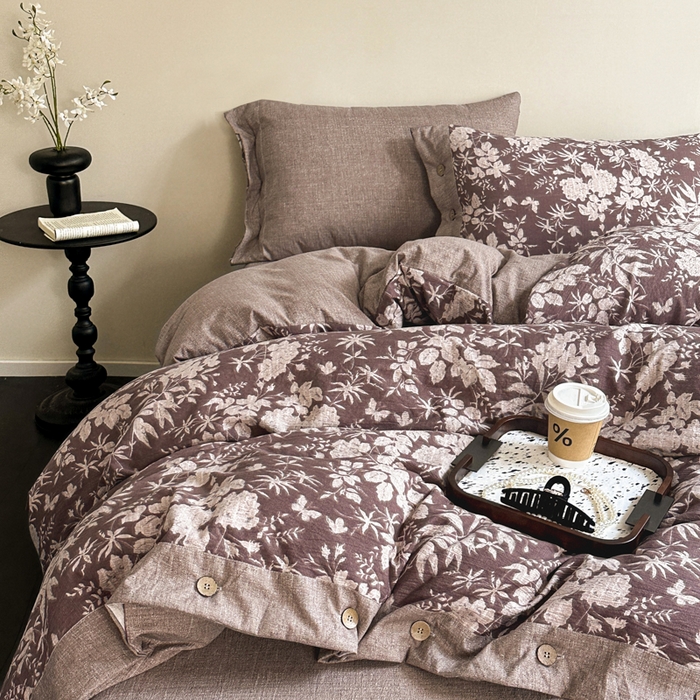 七里香 2025秋冬新款A类加厚高克重亚麻复古风双层纱印花四件套 夕颜