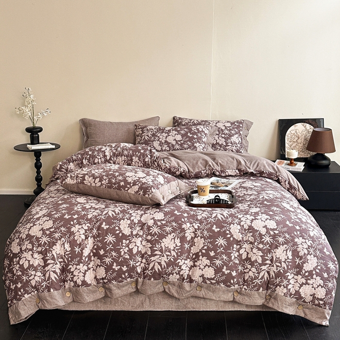 91家纺网 家纺一手货源 找家纺 七里香 2025秋冬新款A类加厚高克重亚麻复古风双层纱印花四件套 夕颜