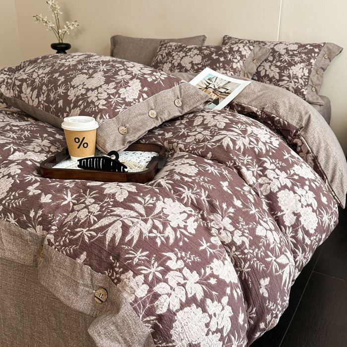 91家纺网 家纺一手货源 找家纺 七里香 2025秋冬新款A类加厚高克重亚麻复古风双层纱印花四件套 夕颜