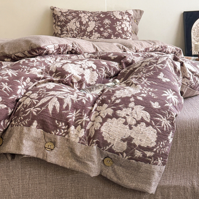 91家纺网 家纺一手货源 找家纺 七里香 2025秋冬新款A类加厚高克重亚麻复古风双层纱印花四件套 夕颜