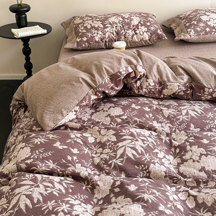 91家纺网 家纺一手货源 找家纺 七里香 2025秋冬新款A类加厚高克重亚麻复古风双层纱印花四件套 夕颜