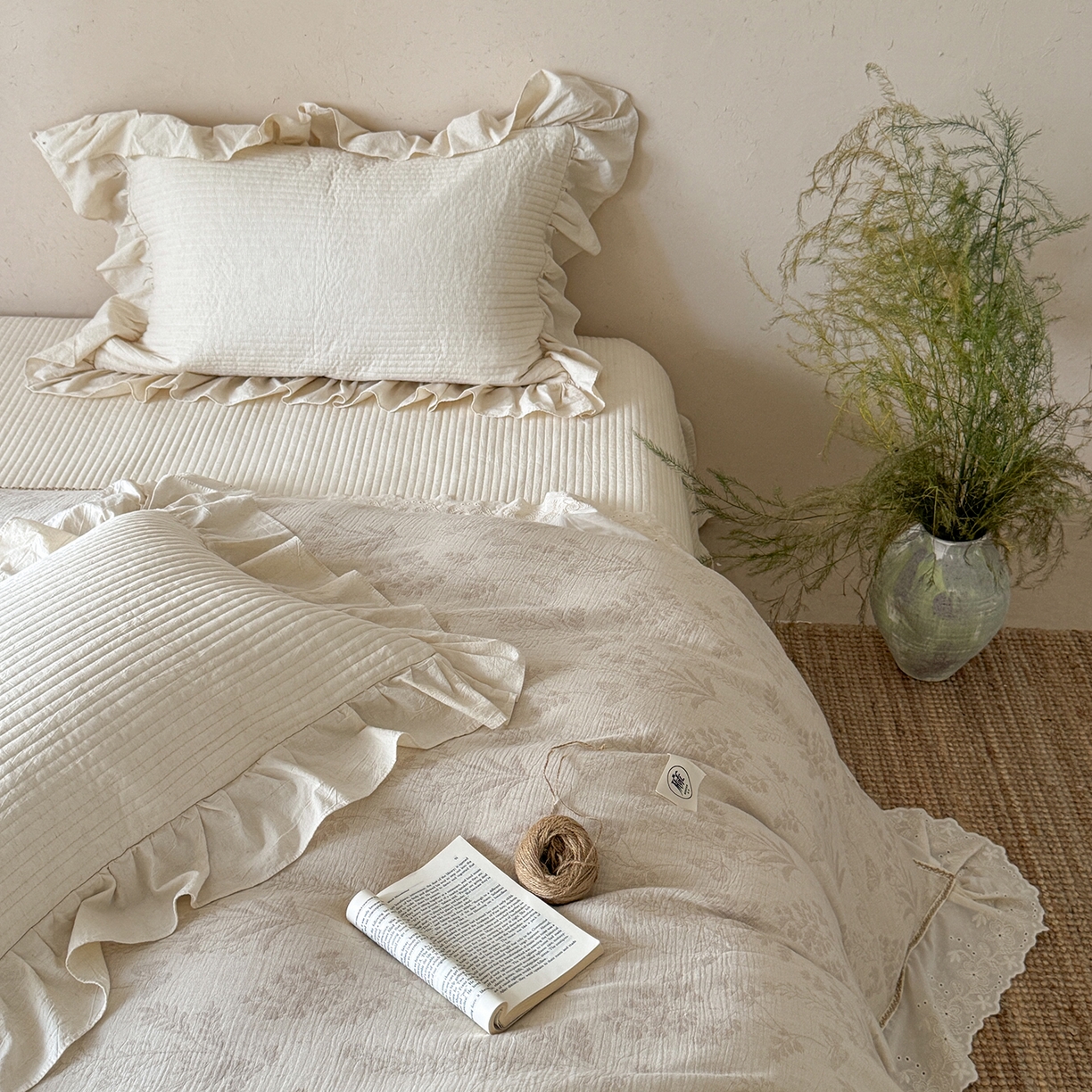 91家纺网 家纺一手货源 找家纺 漫调家纺 2025新款棉麻提花床盖四件套-棉麻絮语 棉麻絮语-本色