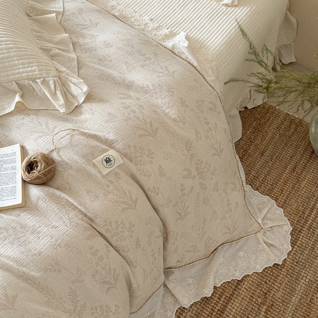 91家纺网 家纺一手货源 找家纺 漫调家纺 2025新款棉麻提花床盖四件套-棉麻絮语 棉麻絮语-本色
