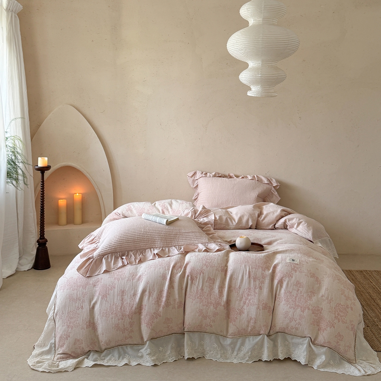 漫调家纺 2025新款棉麻提花床盖四件套-棉麻絮语 棉麻絮语-粉