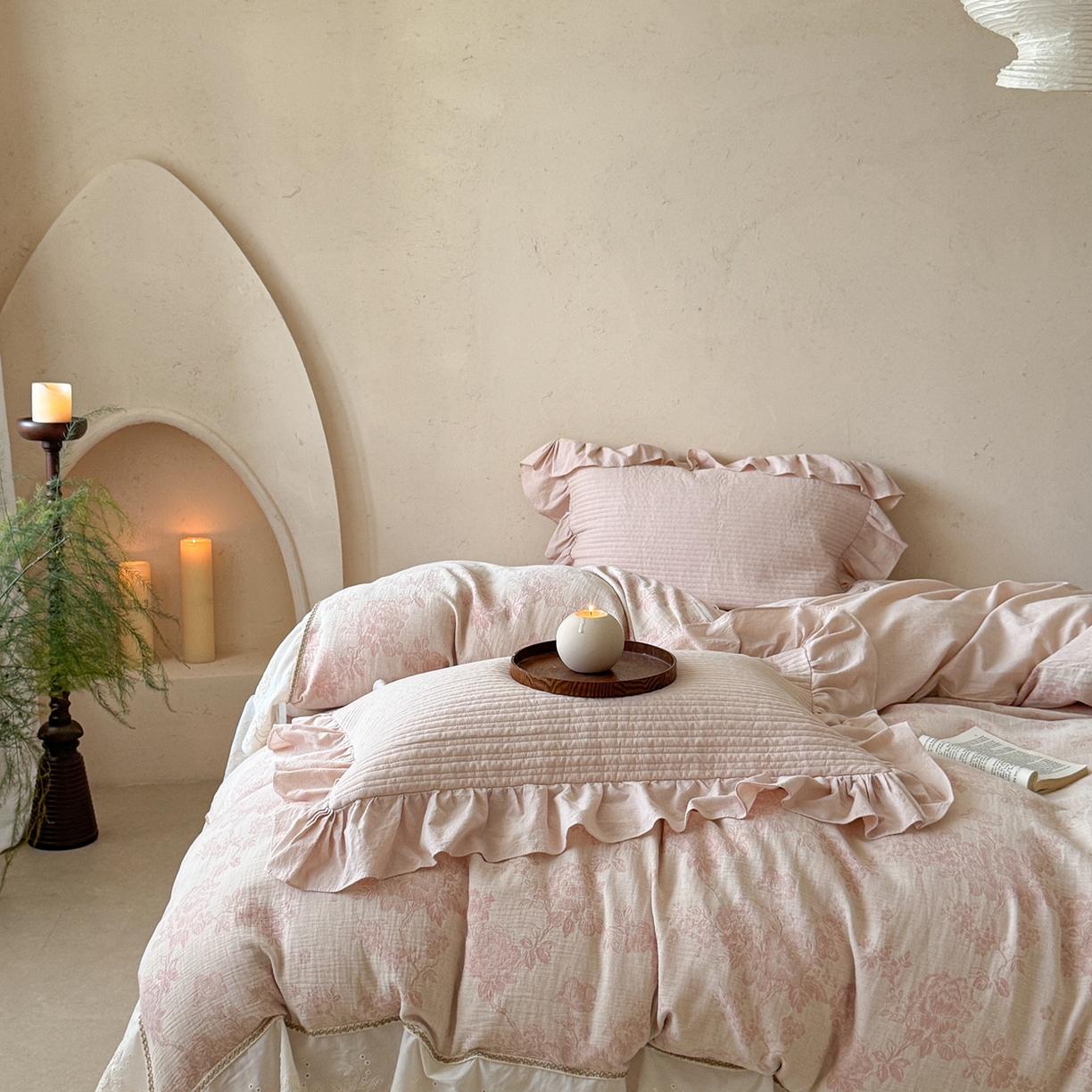 91家纺网 家纺一手货源 找家纺 漫调家纺 2025新款棉麻提花床盖四件套-棉麻絮语 棉麻絮语-粉