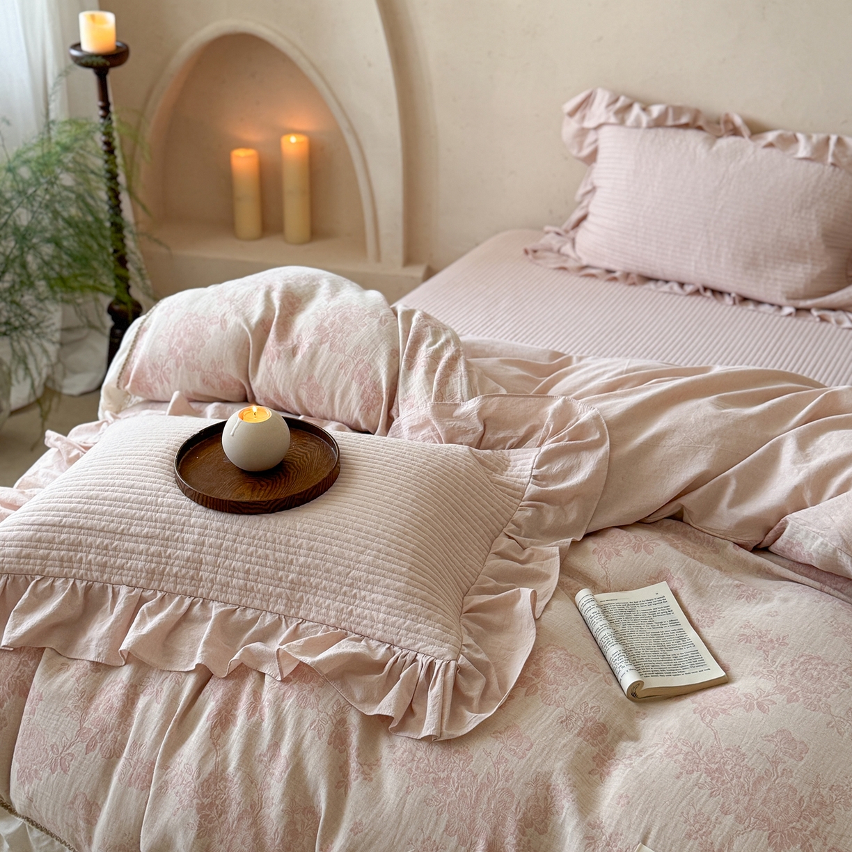 91家纺网 家纺一手货源 找家纺 漫调家纺 2025新款棉麻提花床盖四件套-棉麻絮语 棉麻絮语-粉