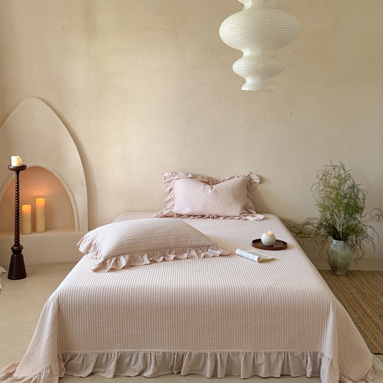 91家纺网 家纺一手货源 找家纺 漫调家纺 2025新款棉麻提花床盖四件套-棉麻絮语 棉麻絮语-粉