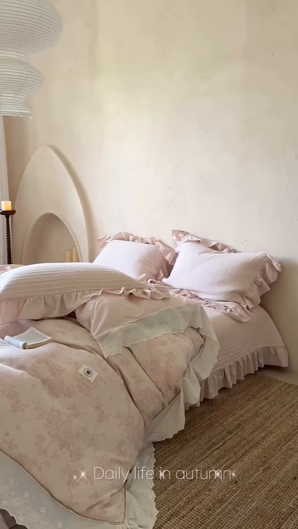 91家纺网 家纺一手货源 找家纺 漫调家纺 2025新款棉麻提花床盖四件套-棉麻絮语 棉麻絮语-粉