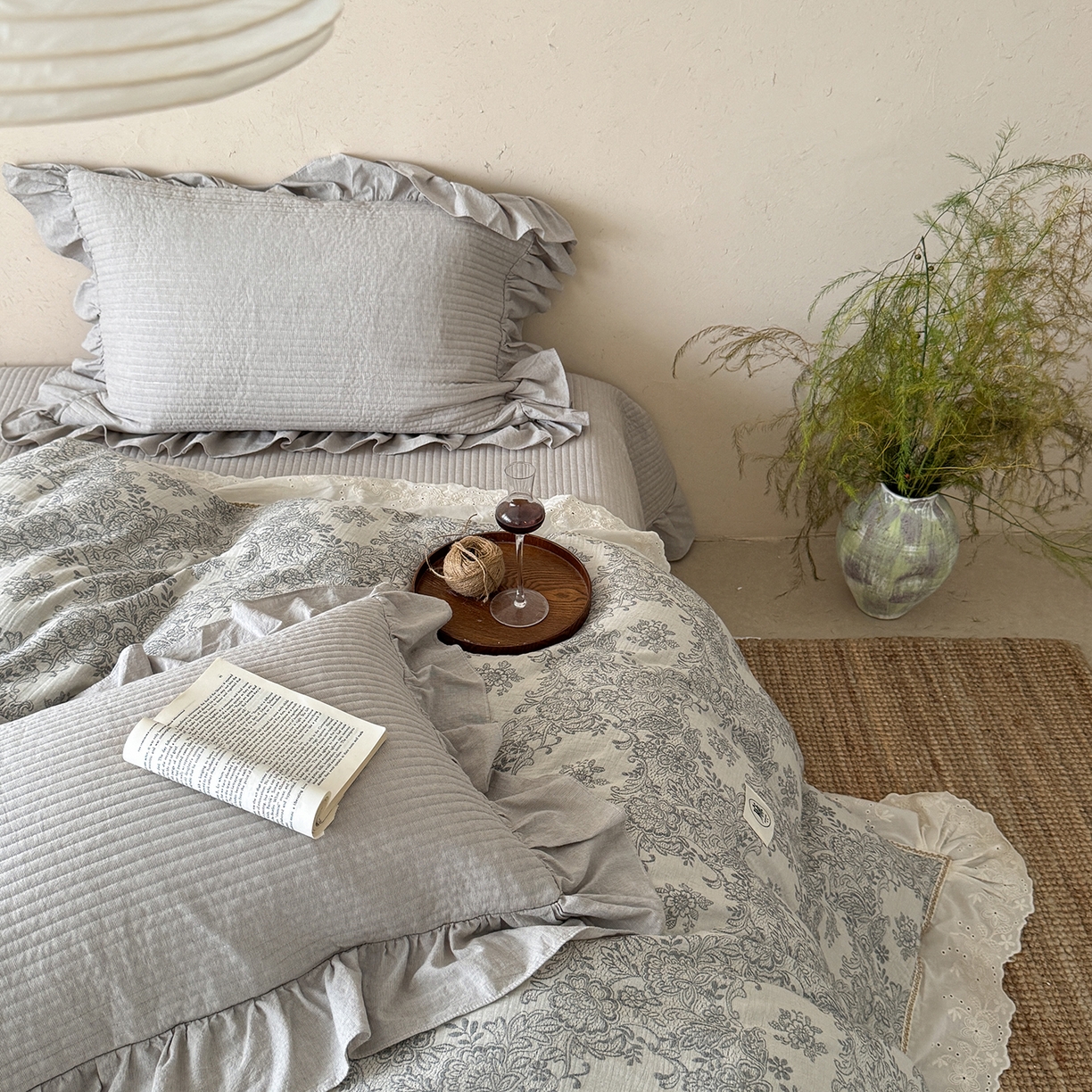 91家纺网 家纺一手货源 找家纺 漫调家纺 2025新款棉麻提花床盖四件套-棉麻絮语 棉麻絮语-灰