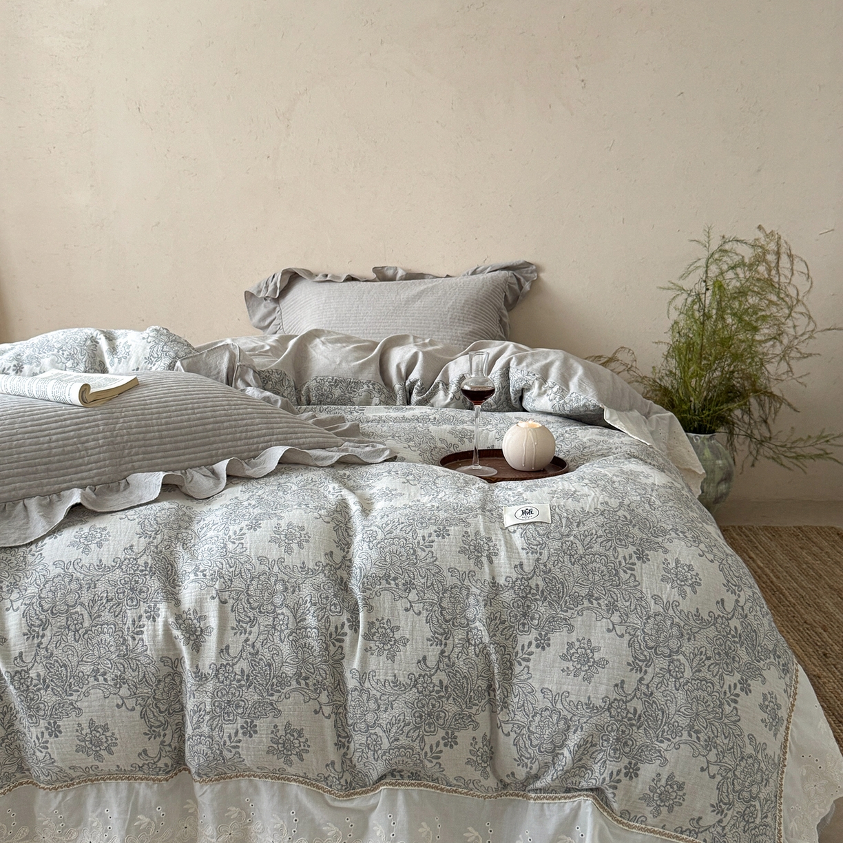 91家纺网 家纺一手货源 找家纺 漫调家纺 2025新款棉麻提花床盖四件套-棉麻絮语 棉麻絮语-灰