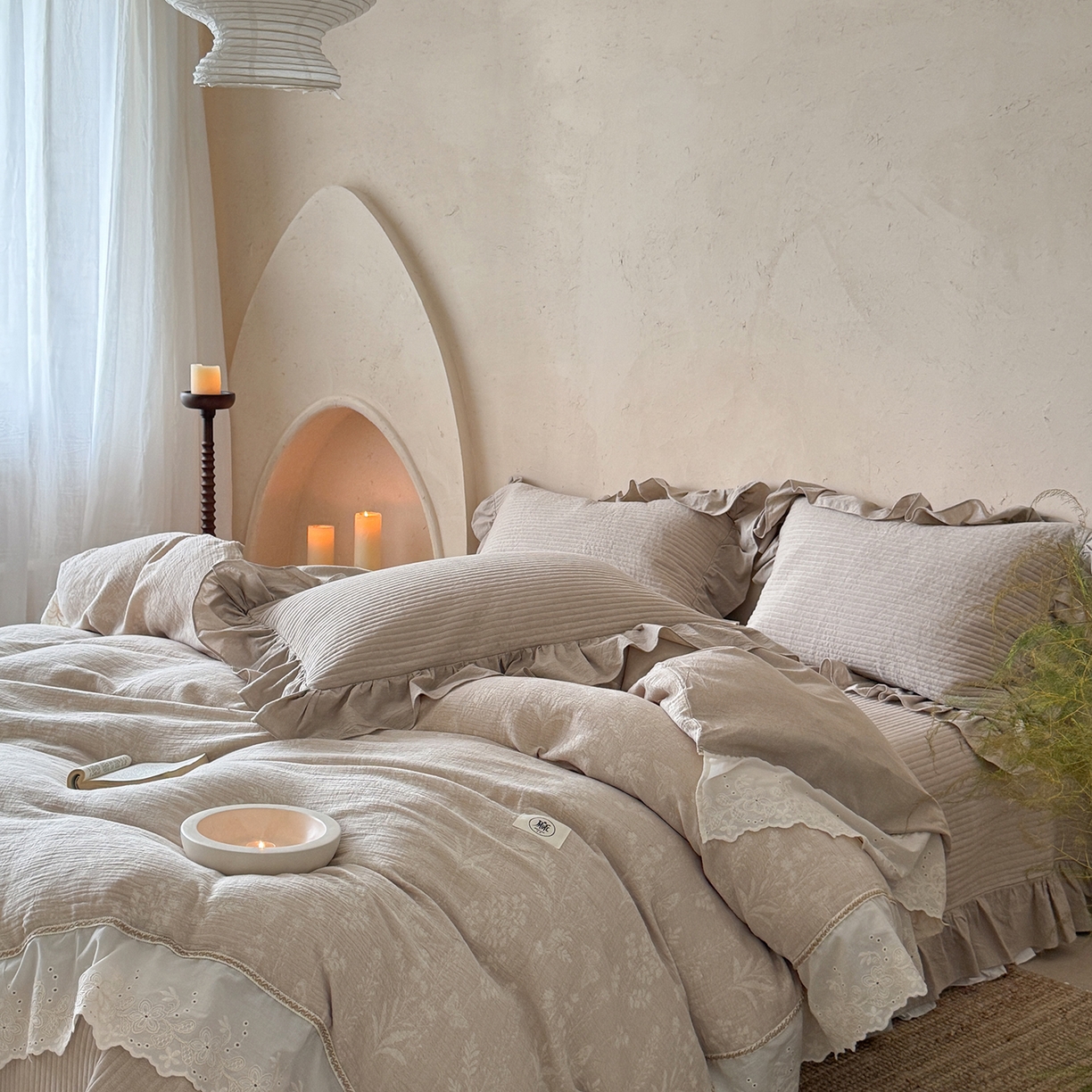 91家纺网 家纺一手货源 找家纺 漫调家纺 2025新款棉麻提花床盖四件套-棉麻絮语 棉麻絮语-咖