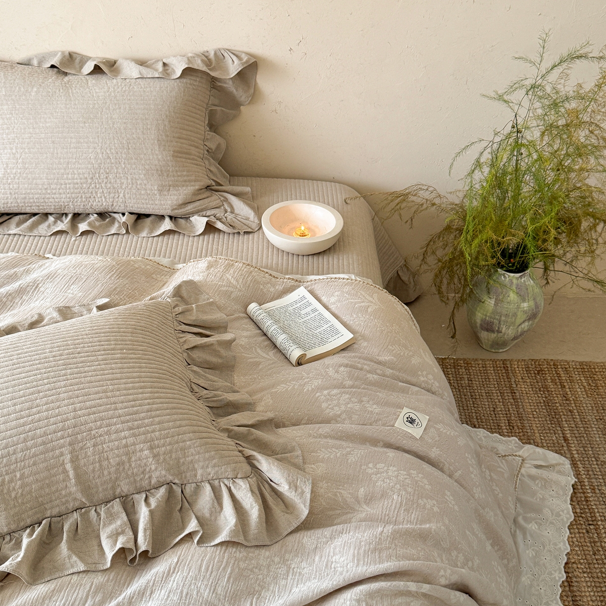 91家纺网 家纺一手货源 找家纺 漫调家纺 2025新款棉麻提花床盖四件套-棉麻絮语 棉麻絮语-咖