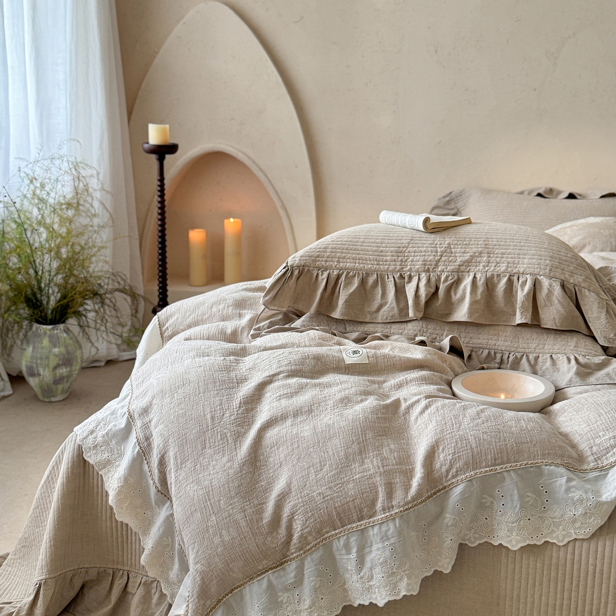 91家纺网 家纺一手货源 找家纺 漫调家纺 2025新款棉麻提花床盖四件套-棉麻絮语 棉麻絮语-咖