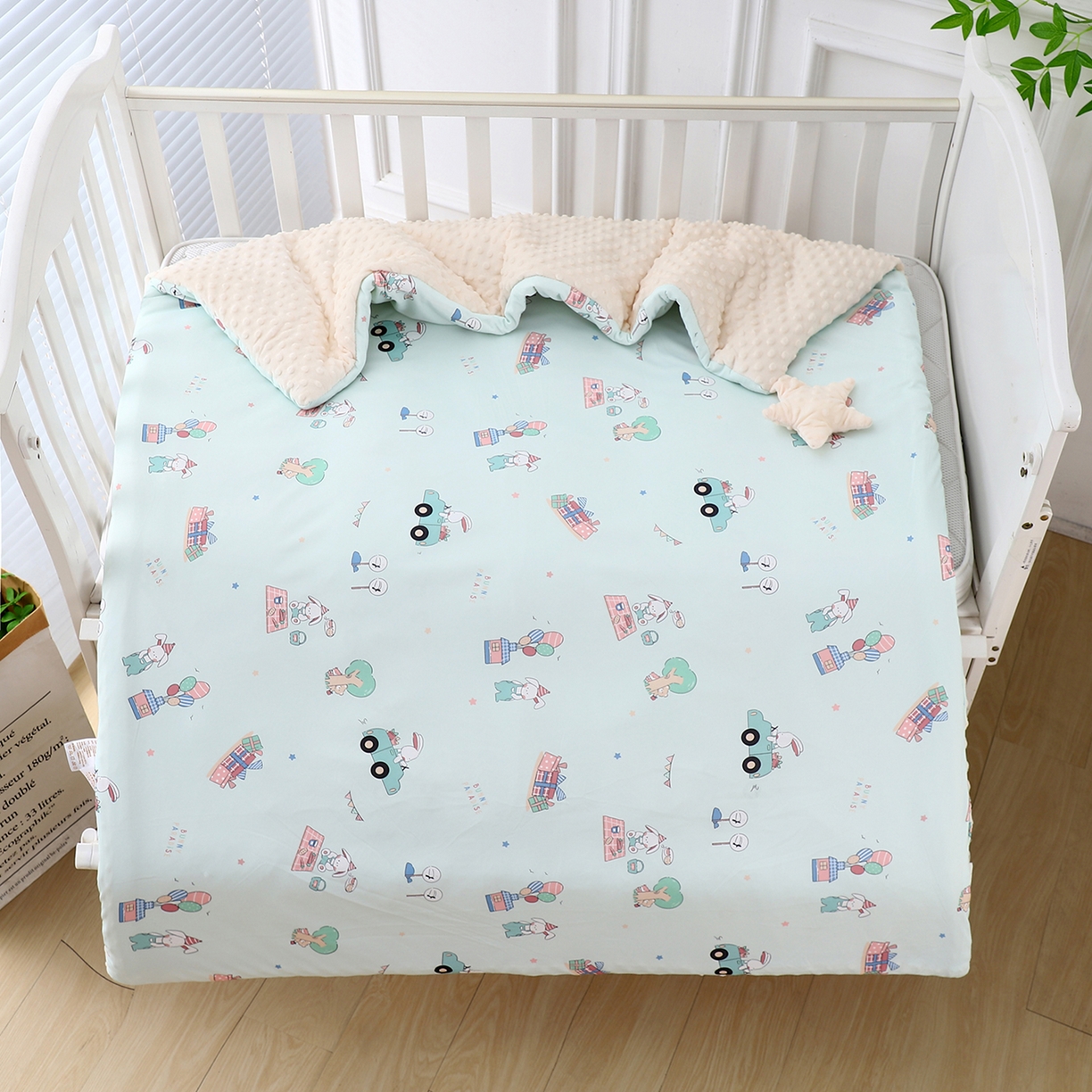 91家纺网 家纺一手货源 找家纺 悦织湾家纺 小海星款针织棉宝宝绒豆豆被被子被芯2025新款秋冬轻奢时尚单人床学生宿舍毛毯 萌兔假日