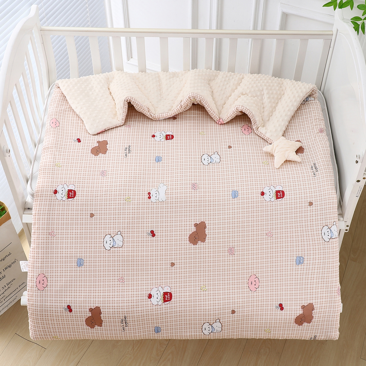 91家纺网 家纺一手货源 找家纺 悦织湾家纺 小海星款针织棉宝宝绒豆豆被被子被芯2025新款秋冬轻奢时尚单人床学生宿舍毛毯 小狗卷卷