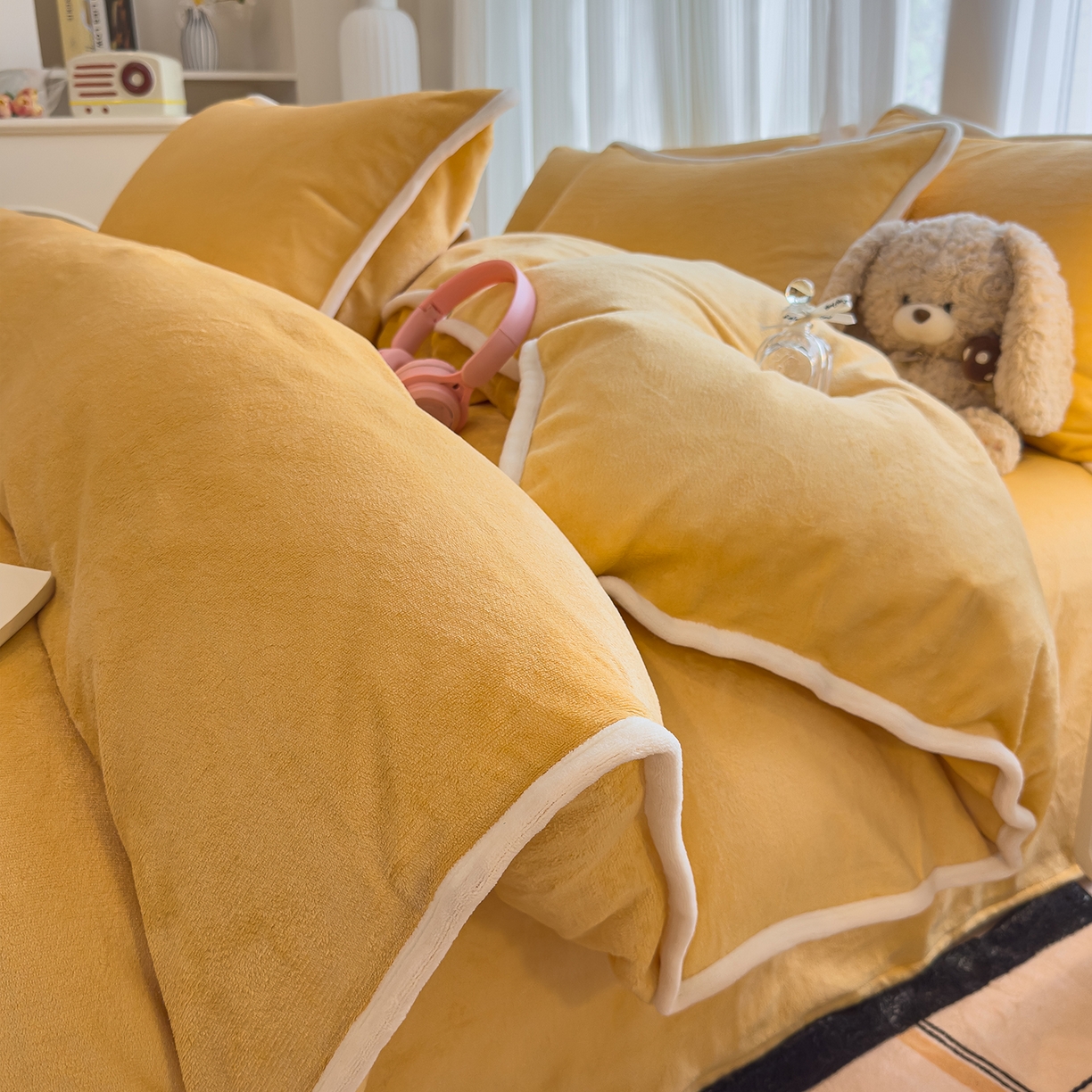 N先生_2025新款牛奶绒纯色包边四件套 落日橘