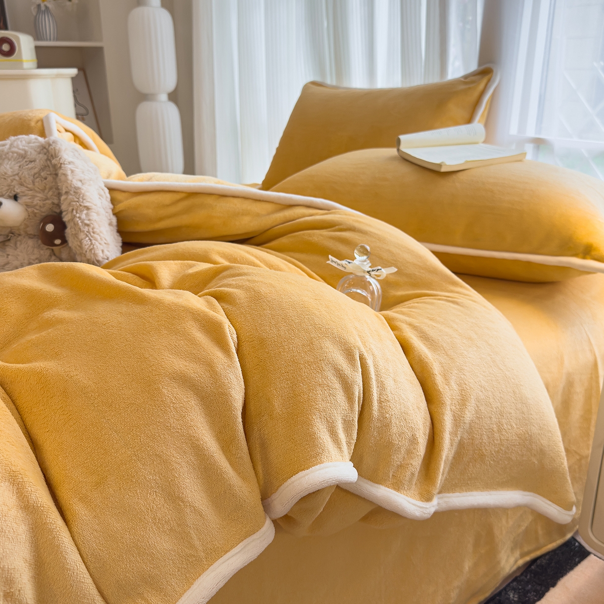 91家纺网 家纺一手货源 找家纺 N先生_2025新款牛奶绒纯色包边四件套 落日橘