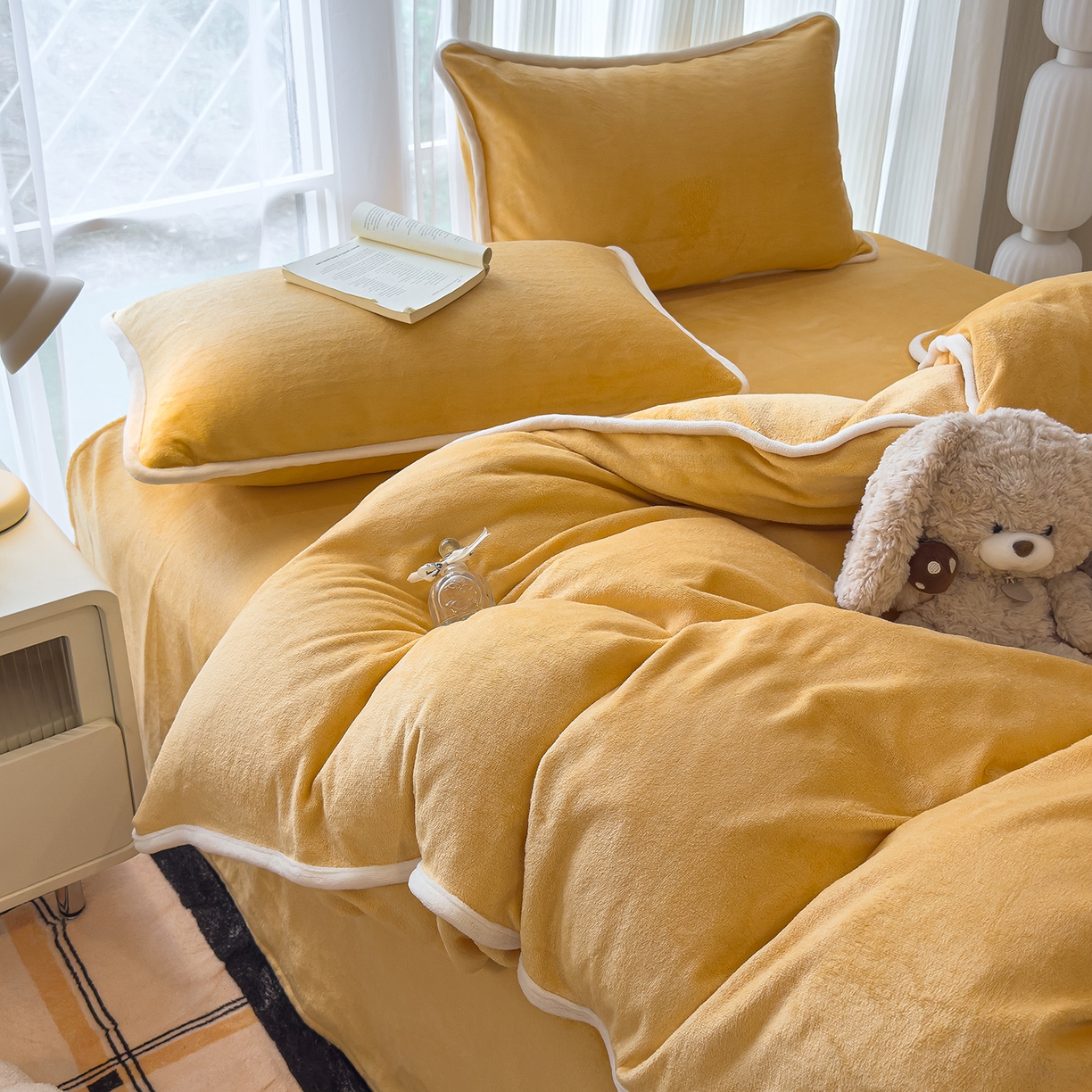 91家纺网 家纺一手货源 找家纺 N先生_2025新款牛奶绒纯色包边四件套 落日橘