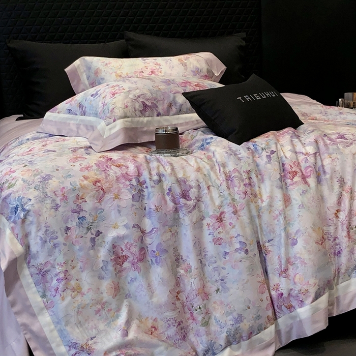 91家纺网 家纺一手货源 找家纺 太古汇家居 2025新款长绒棉纯棉活性丝光工艺数码印花四件套 一亩花棠-紫