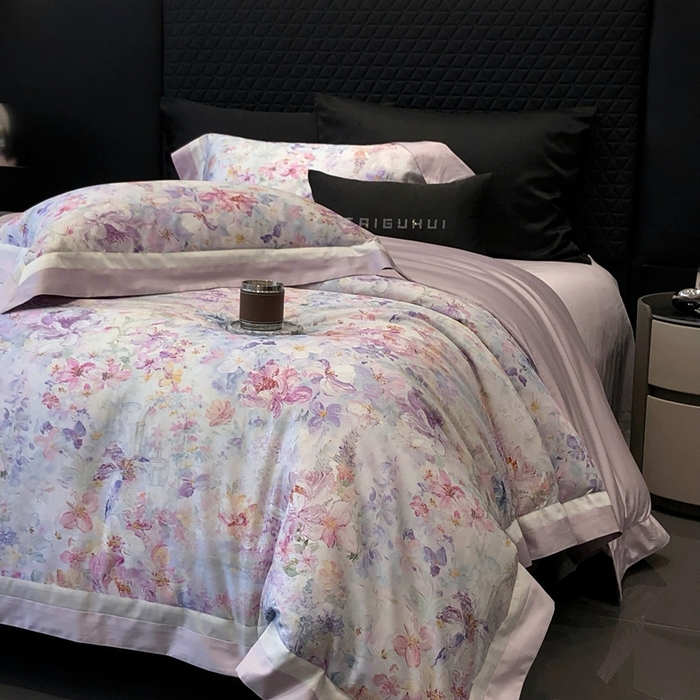 91家纺网 家纺一手货源 找家纺 太古汇家居 2025新款长绒棉纯棉活性丝光工艺数码印花四件套 一亩花棠-紫