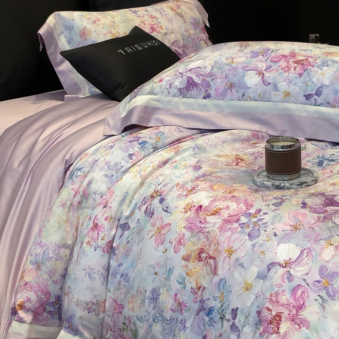 91家纺网 家纺一手货源 找家纺 太古汇家居 2025新款长绒棉纯棉活性丝光工艺数码印花四件套 一亩花棠-紫