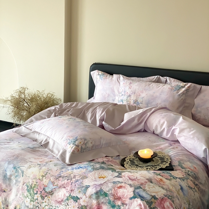 91家纺网 家纺一手货源 找家纺 太古汇家居 2025新款长绒棉纯棉活性丝光工艺数码印花四件套 陌上花开-紫