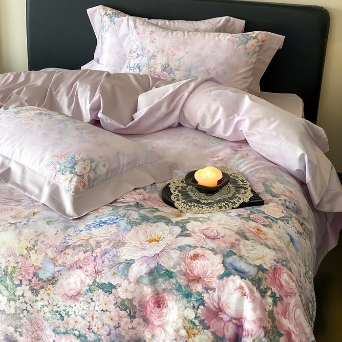 91家纺网 家纺一手货源 找家纺 太古汇家居 2025新款长绒棉纯棉活性丝光工艺数码印花四件套 陌上花开-紫