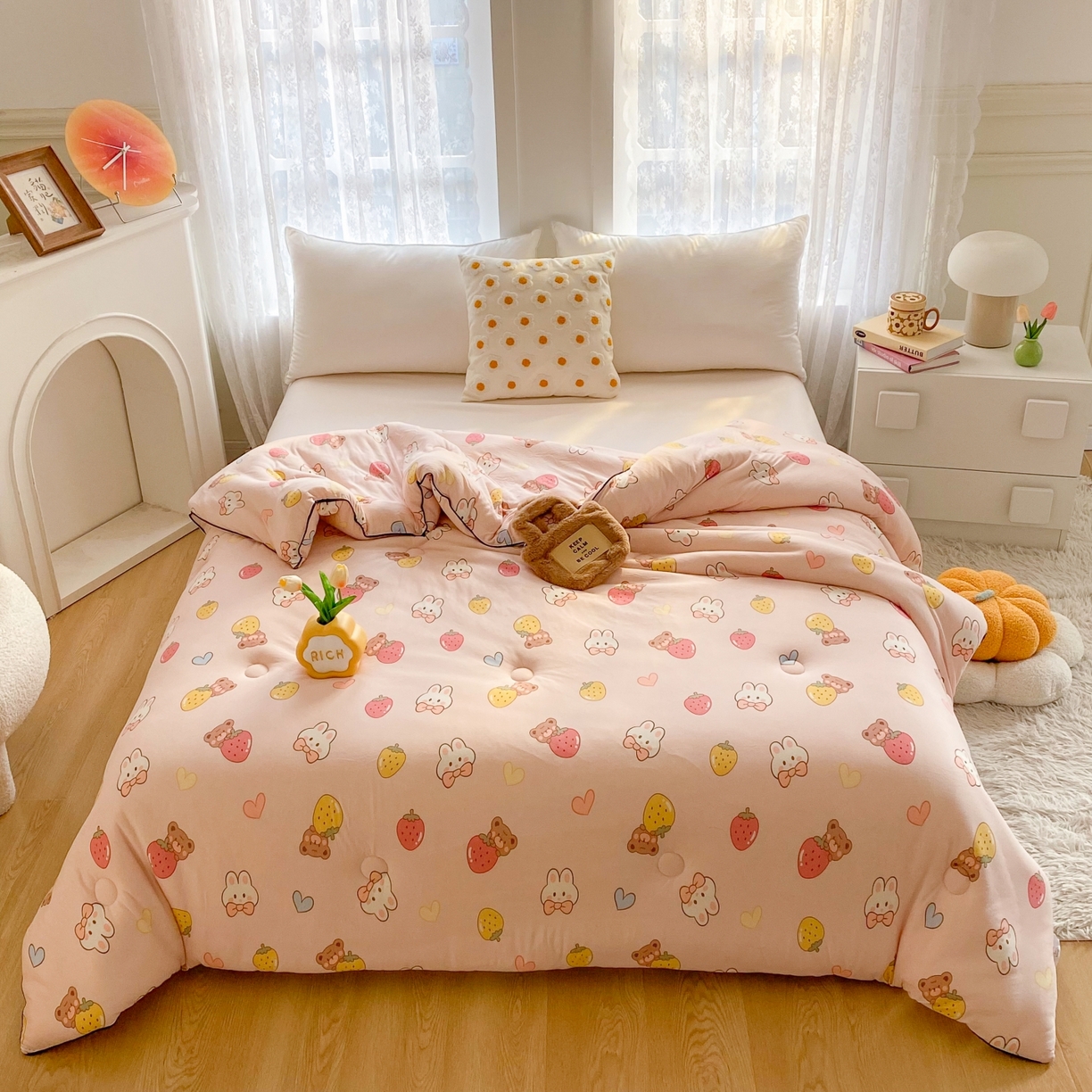 91家纺网 家纺一手货源 找家纺 小叮当家纺仓储工厂店 2025新款A类母婴级宝宝被子豆豆绒牛奶针织棉被子大豆被春秋被秋冬被婴童被夏凉被 牛奶针织被-草莓兔兔