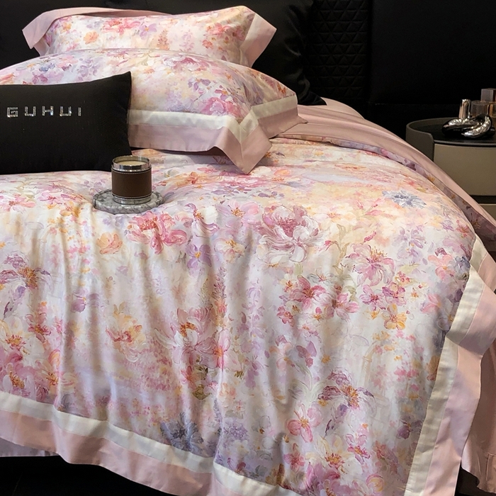 91家纺网 家纺一手货源 找家纺 太古汇家居 2025新款长绒棉纯棉活性丝光工艺数码印花四件套 一亩花棠-粉