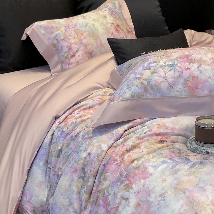 91家纺网 家纺一手货源 找家纺 太古汇家居 2025新款长绒棉纯棉活性丝光工艺数码印花四件套 苒晞-粉