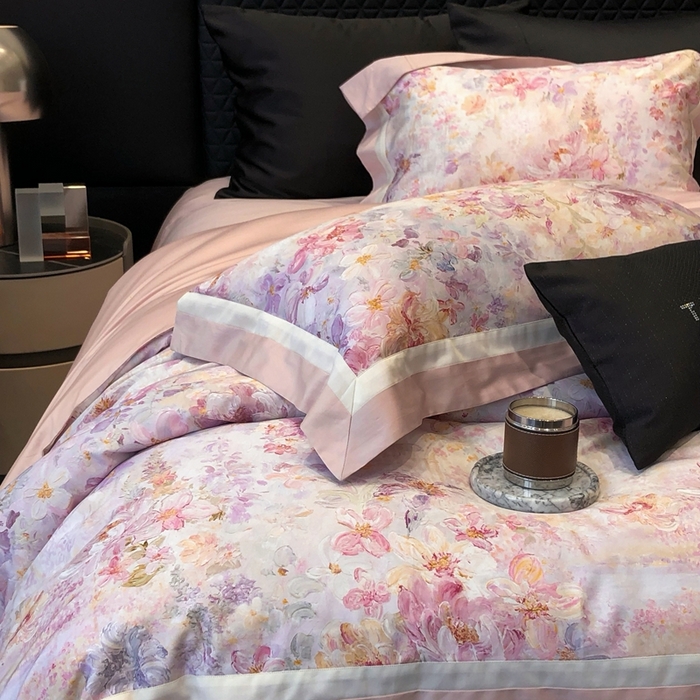 91家纺网 家纺一手货源 找家纺 太古汇家居 2025新款长绒棉纯棉活性丝光工艺数码印花四件套 一亩花棠-粉