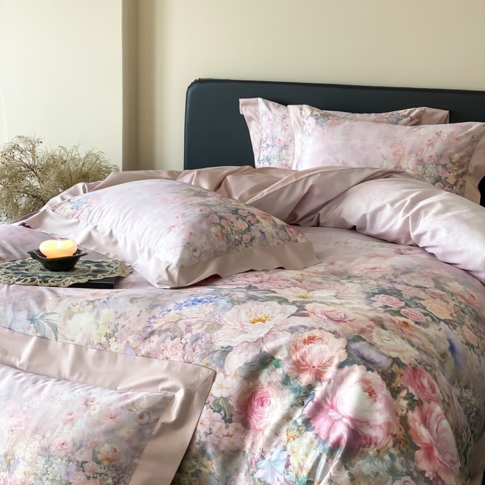 91家纺网 家纺一手货源 找家纺 太古汇家居 2025新款长绒棉纯棉活性丝光工艺数码印花四件套 陌上花开-粉