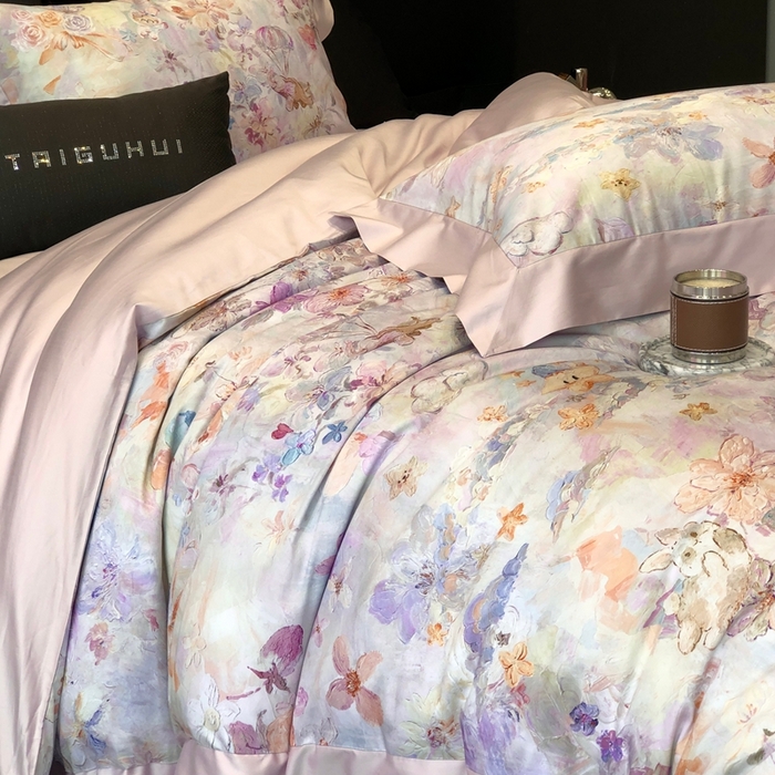 91家纺网 家纺一手货源 找家纺 太古汇家居 2025新款长绒棉纯棉活性丝光工艺数码印花四件套 童梦王国-紫