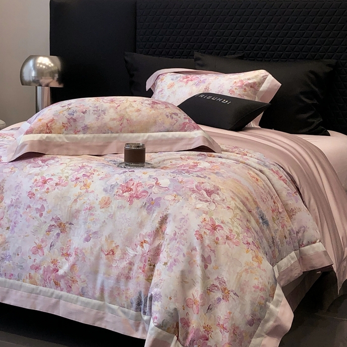 91家纺网 家纺一手货源 找家纺 太古汇家居 2025新款长绒棉纯棉活性丝光工艺数码印花四件套 一亩花棠-粉