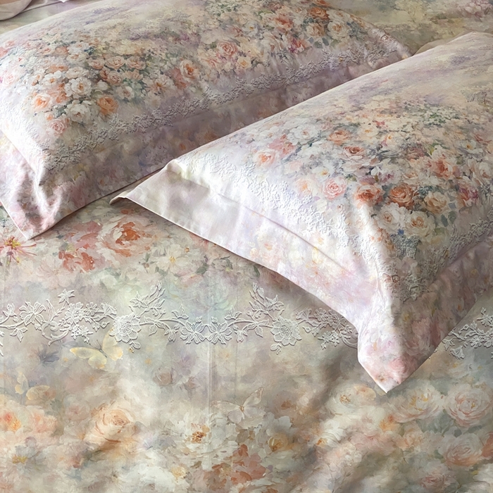 91家纺网 家纺一手货源 找家纺 太古汇家居 2025新款长绒棉纯棉活性丝光工艺数码印花四件套 花间集-柔雾玉