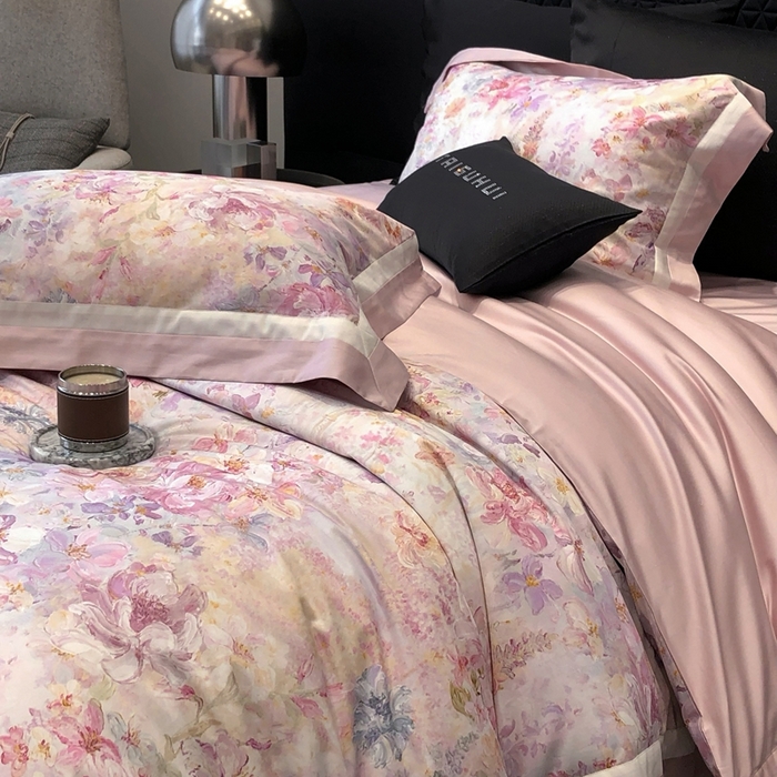 91家纺网 家纺一手货源 找家纺 太古汇家居 2025新款长绒棉纯棉活性丝光工艺数码印花四件套 一亩花棠-粉