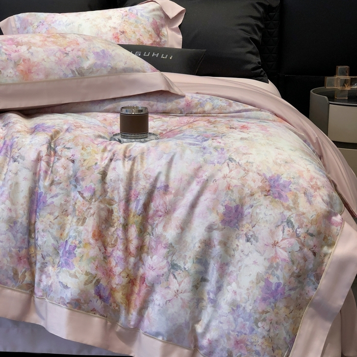 91家纺网 家纺一手货源 找家纺 太古汇家居 2025新款长绒棉纯棉活性丝光工艺数码印花四件套 苒晞-粉