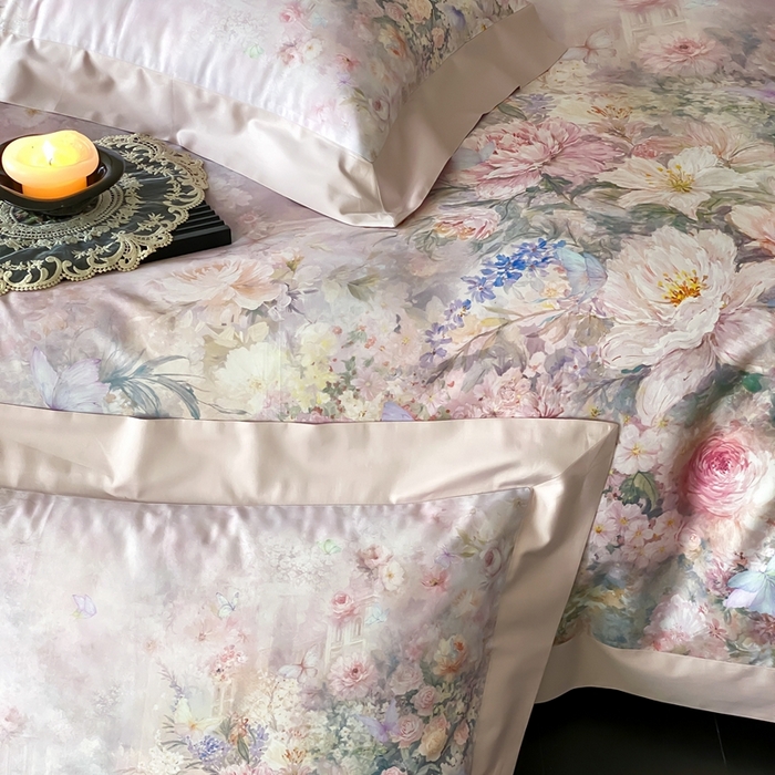 91家纺网 家纺一手货源 找家纺 太古汇家居 2025新款长绒棉纯棉活性丝光工艺数码印花四件套 陌上花开-粉