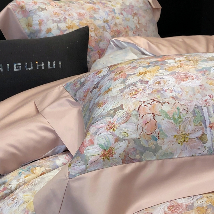 91家纺网 家纺一手货源 找家纺 太古汇家居 2025新款长绒棉纯棉活性丝光工艺数码印花四件套 花慕里-藕粉玉