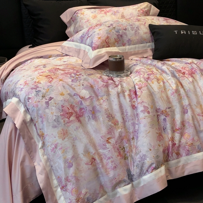 91家纺网 家纺一手货源 找家纺 太古汇家居 2025新款长绒棉纯棉活性丝光工艺数码印花四件套 一亩花棠-粉