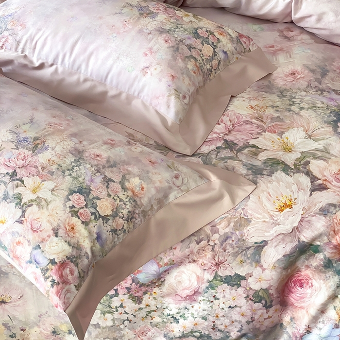 91家纺网 家纺一手货源 找家纺 太古汇家居 2025新款长绒棉纯棉活性丝光工艺数码印花四件套 陌上花开-粉